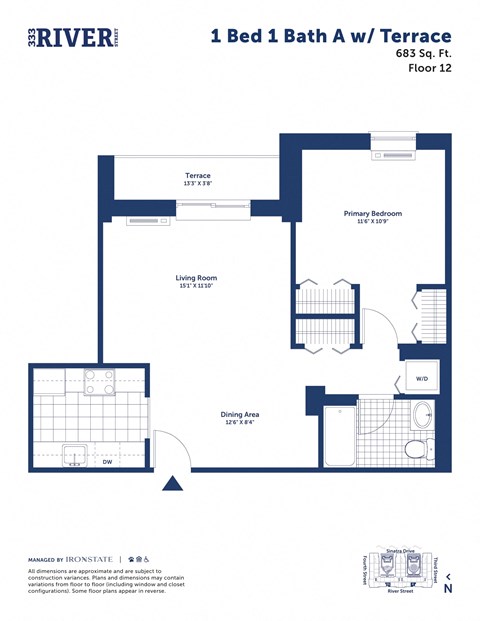 Floor plan for 1 bed, 1 bath, 683 sqft